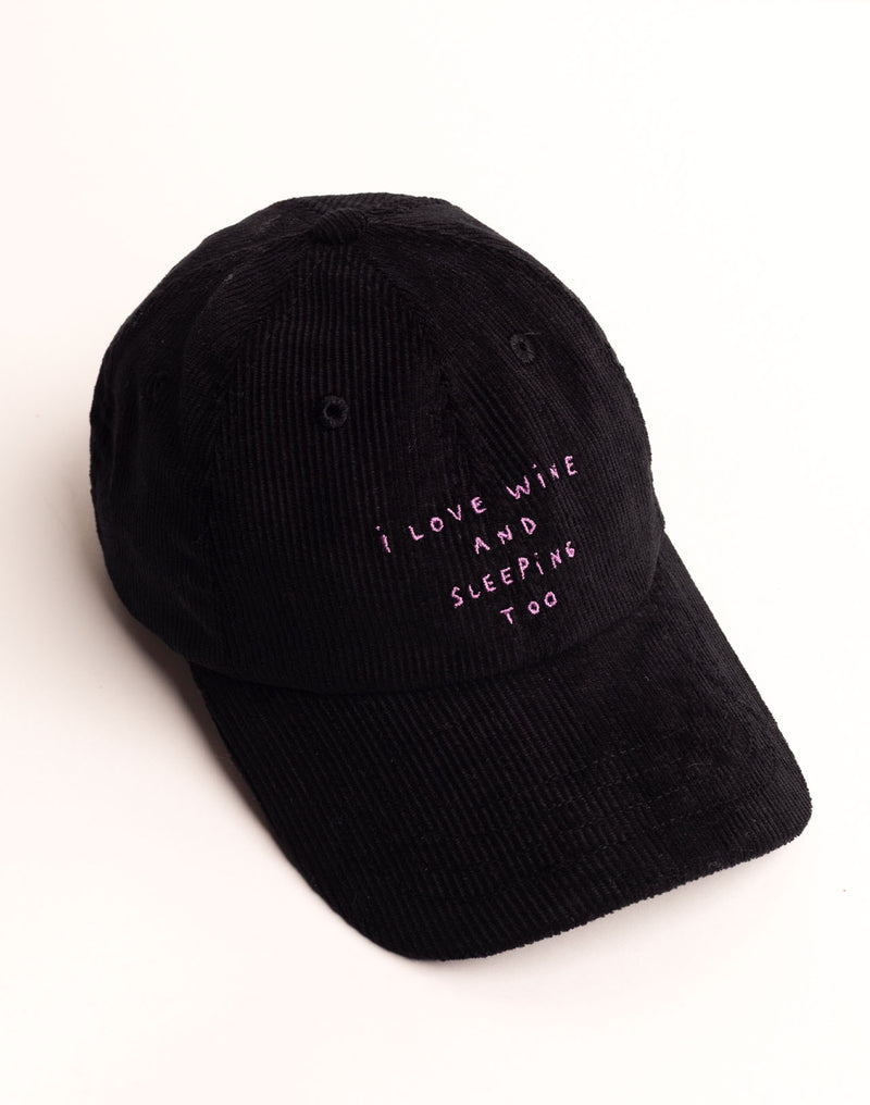 Casquette Six Panel Wine And Sleep Noir en velours de coton – OLOW