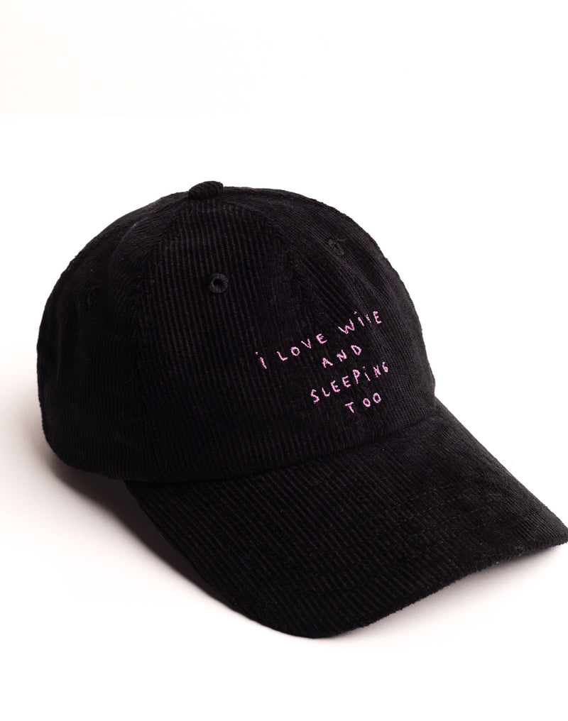 Casquette Six Panel Wine And Sleep Noir en velours de coton – OLOW