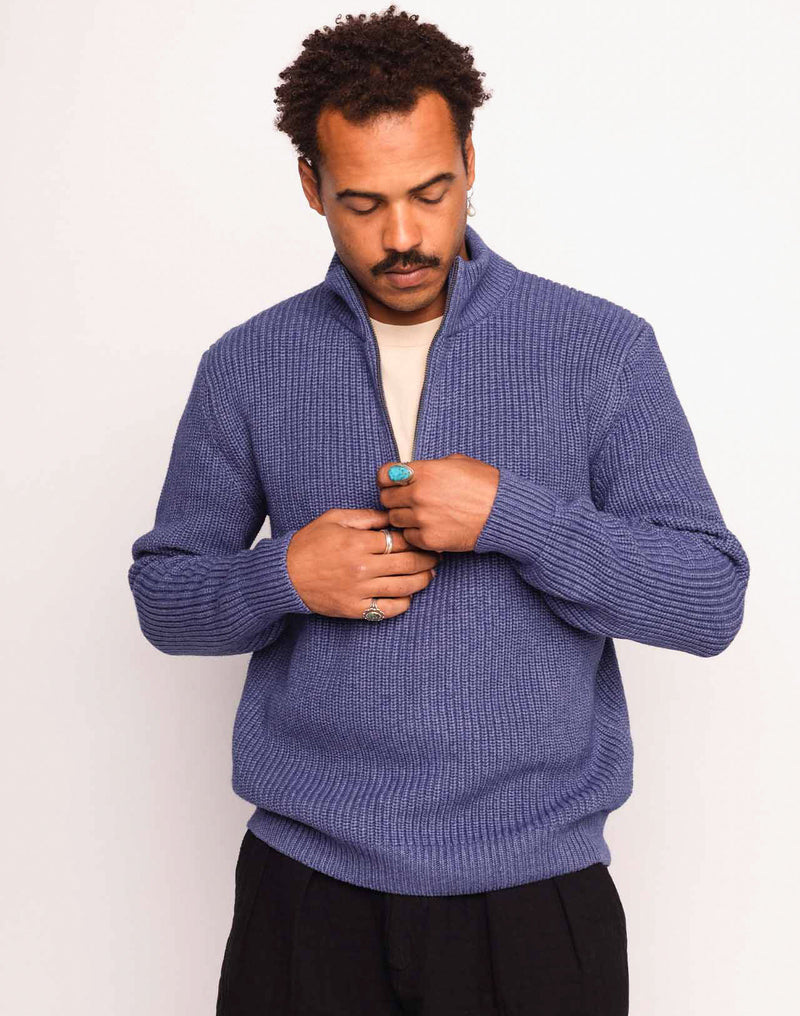 Pull Banjo Bleu Chiné en laine mérinos extra-fine, Coton bio – OLOW