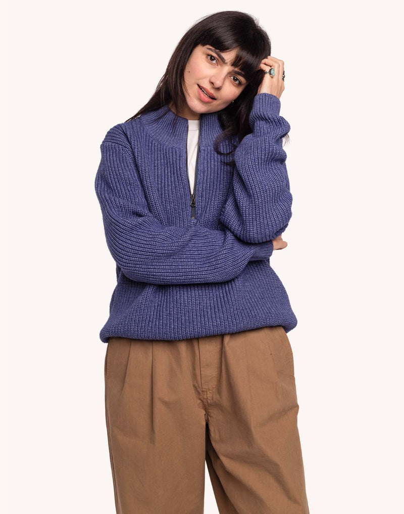 Pull Banjo Bleu Chiné en laine mérinos extra-fine, Coton bio – OLOW