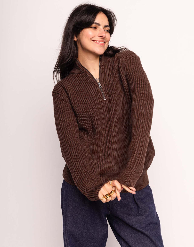 Pull Banjo Chocolat en laine mérinos extra-fine, Coton bio – OLOW