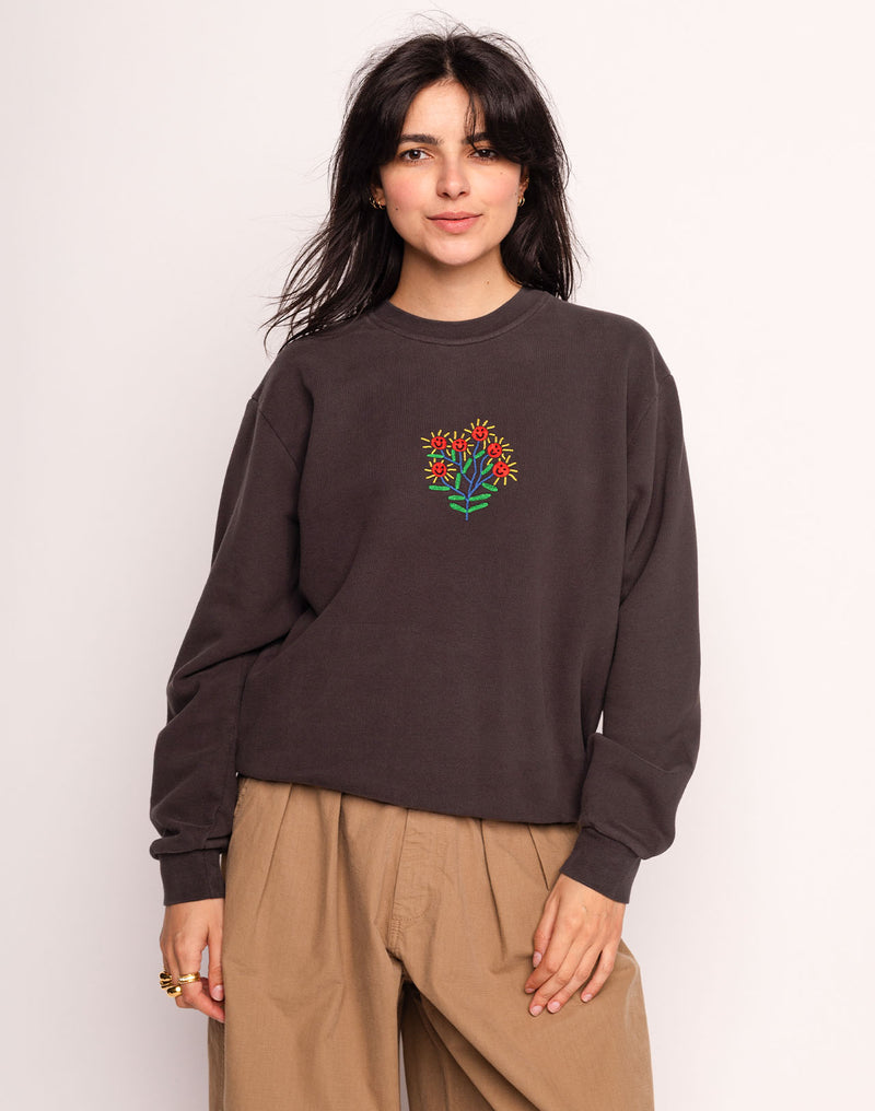 Sweat Happy Flower Noir Carbone en coton bio GOTS – OLOW