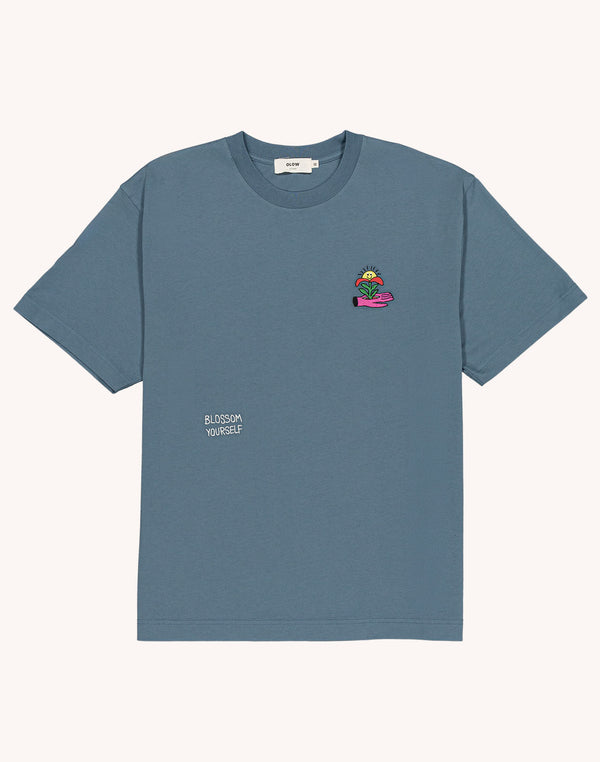 T-Shirt Blossom Yourself Bleu Acier en coton bio GOTS – OLOW