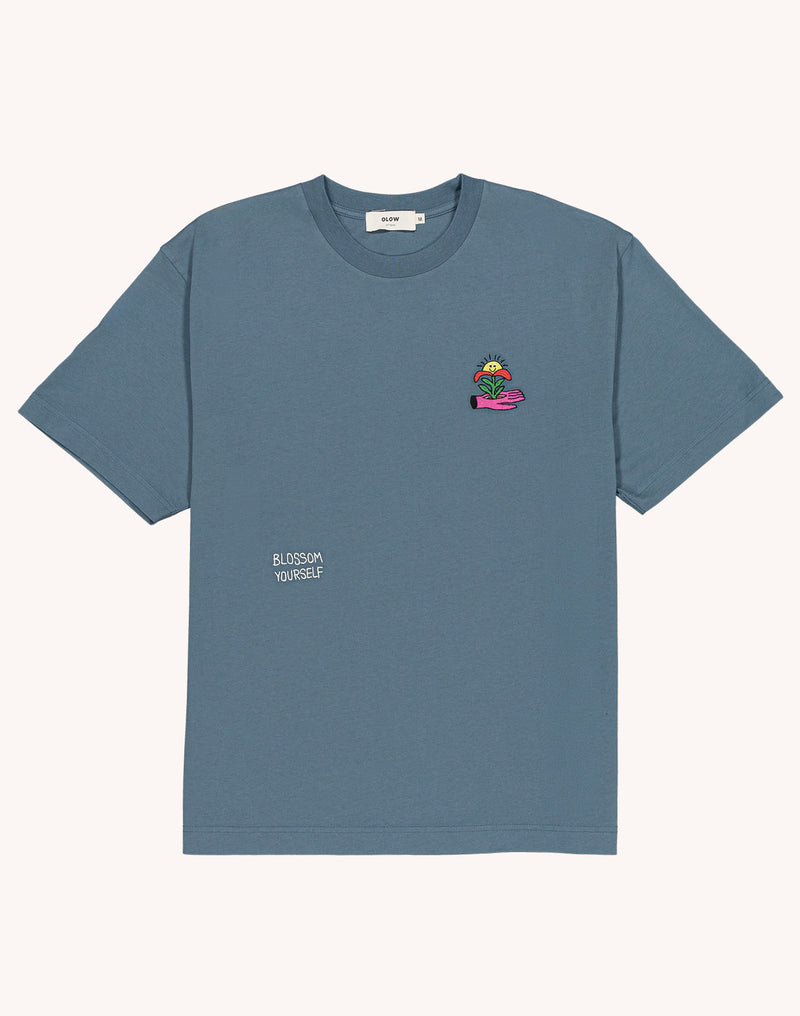T-Shirt Blossom Yourself Bleu Acier en coton bio GOTS – OLOW